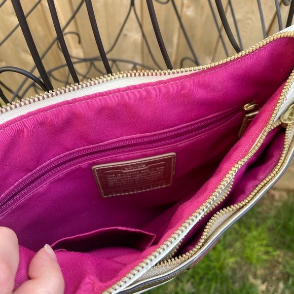 Coach Peyton Tattersall Crossbody Bag Plaid Purse White Gold Leather - Picture 6 of 16